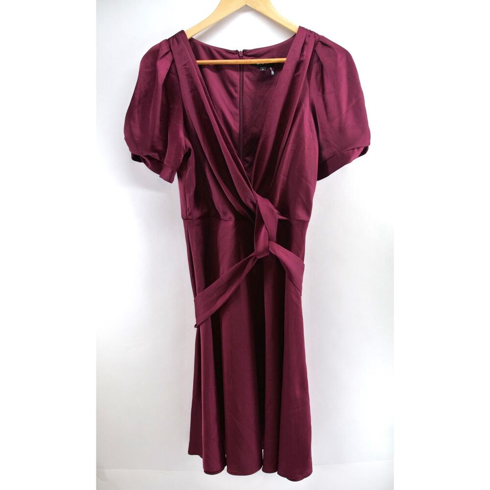 DKNY Maroon Satin‎ Pouf Sleeve Surplice Neckline Tie Evening Dress Women 10